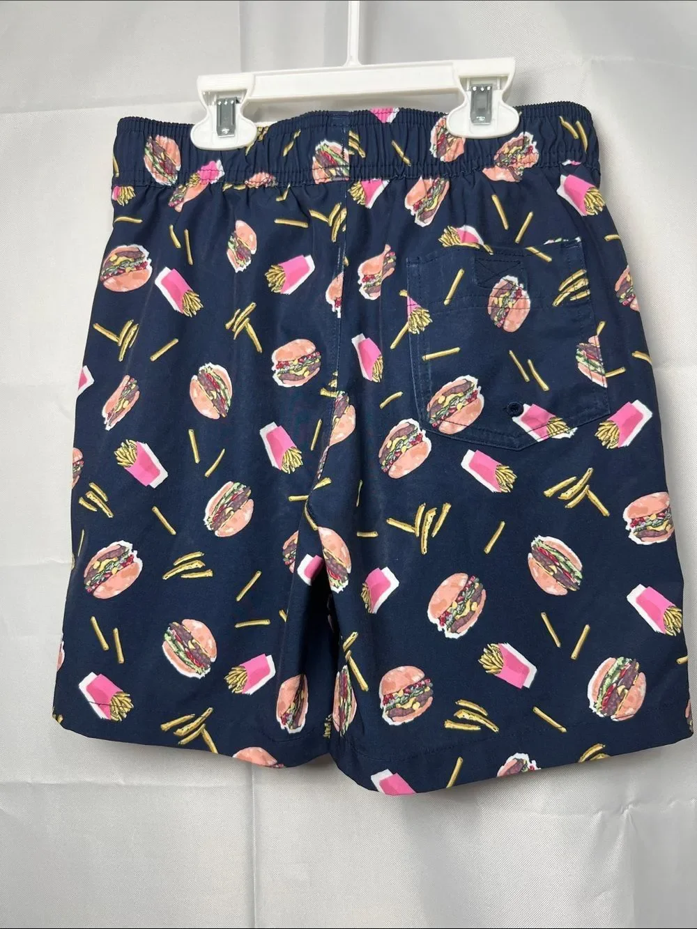 Abercrombie Kids Navy Blue Burger and Fries print swim performance casual shorts